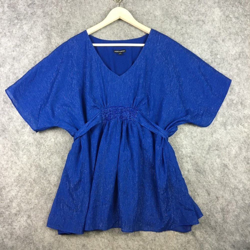 Fashion Bug Top 2X Dolman Tie Back Beaded Metallic Gauze Blue Cobalt Career